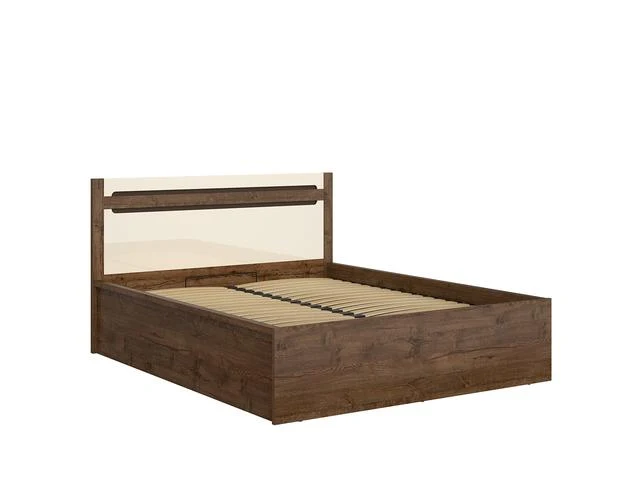 Ruso Bed 140x200cm with Bedding Storage — Lift-Up Slatted Base, Lava Matt Strip & Pearl Gloss Headboard, April Oak
