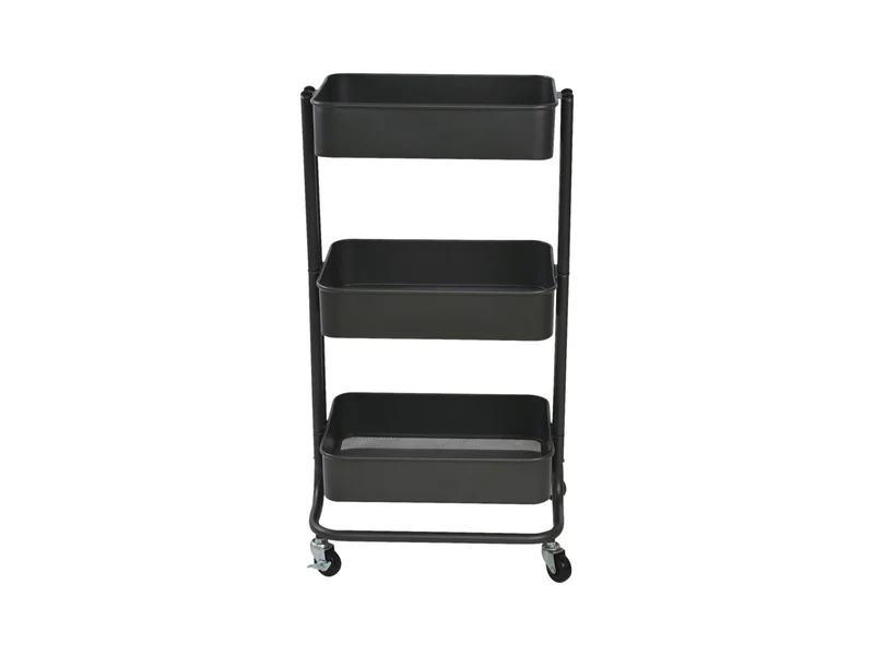 Mike Mobile Storage Trolley — 3 Mesh-Bottom Metal Shelves, 4 Castors (2 Lockable), Dark Grey