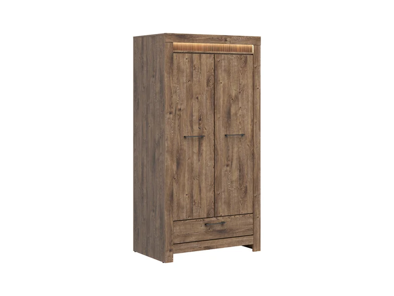 Torin 2-Door Wardrobe 102x200 cm – Ribbeck Brown Oak, LED, Hanging Rail, 3 Shelves, 1 Drawer