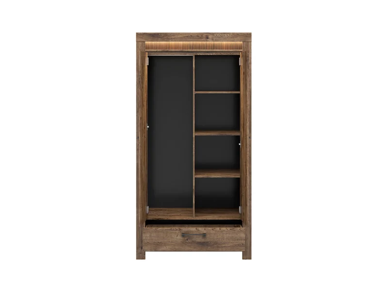 Torin 2-Door Wardrobe 102x200 cm – Ribbeck Brown Oak, LED, Hanging Rail, 3 Shelves, 1 Drawer