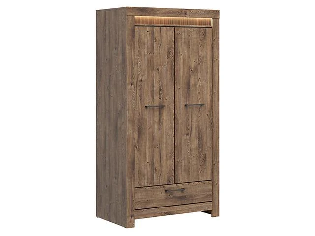 Torin 2-Door Wardrobe 102x200 cm – Ribbeck Brown Oak, LED, Hanging Rail, 3 Shelves, 1 Drawer
