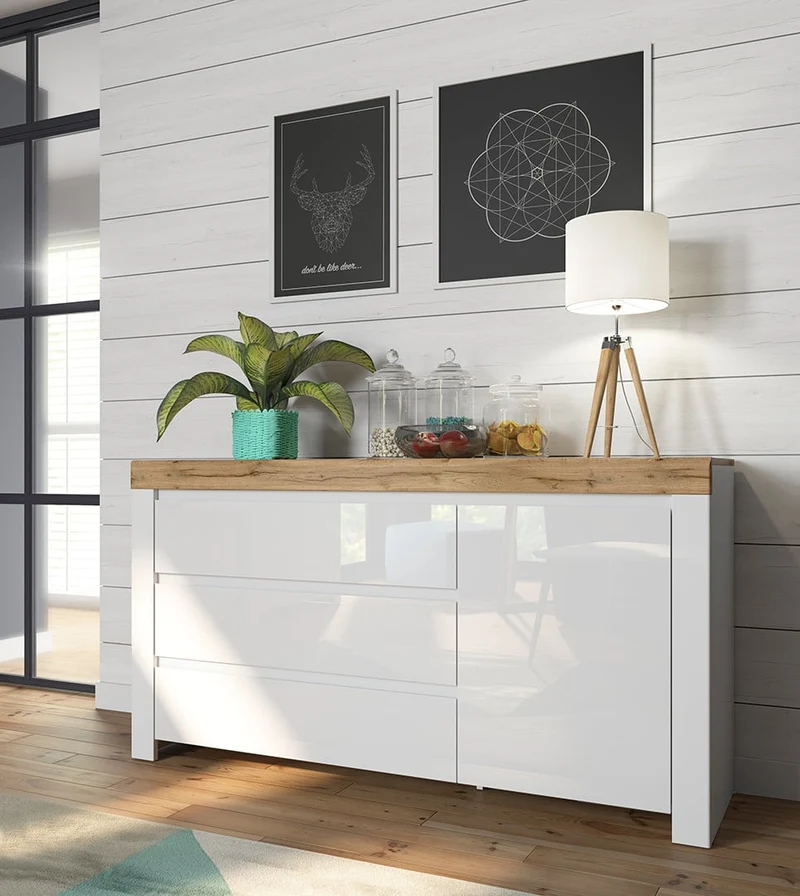 Holten — Chest of Drawers | 156 × 83.5 cm | 3 Drawers & 1 Door | White Gloss & Wotan Oak