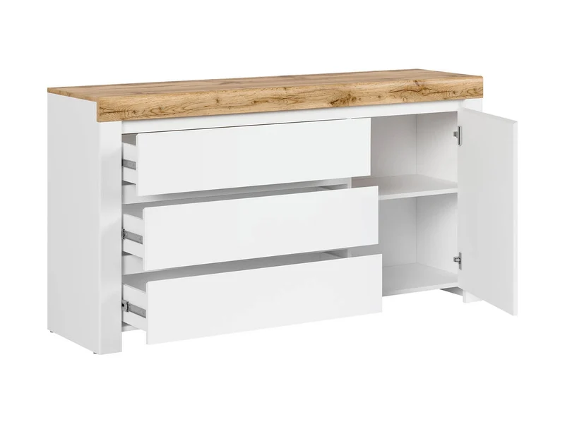 Holten — Chest of Drawers | 156 × 83.5 cm | 3 Drawers & 1 Door | White Gloss & Wotan Oak