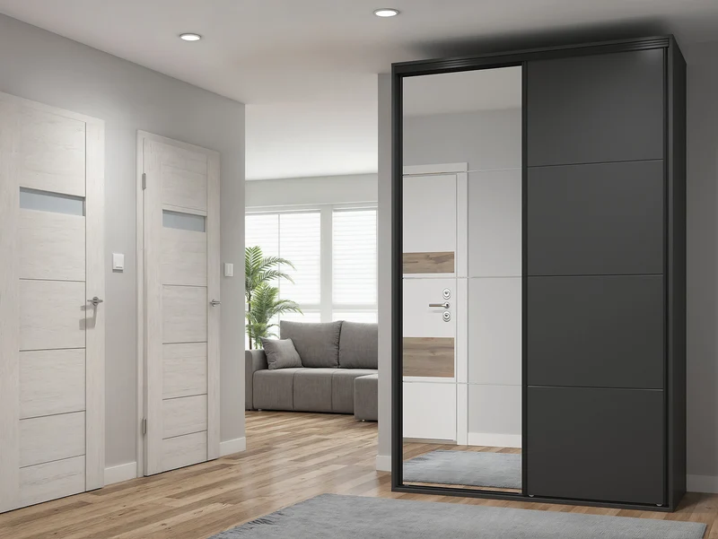 Flex — Sliding Wardrobe 150 × 240 cm | Mirror & Graphite Doors | 7 Shelves & 3 Drawers