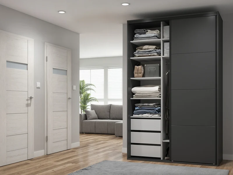 Flex — Sliding Wardrobe 150 × 240 cm | Mirror & Graphite Doors | 7 Shelves & 3 Drawers
