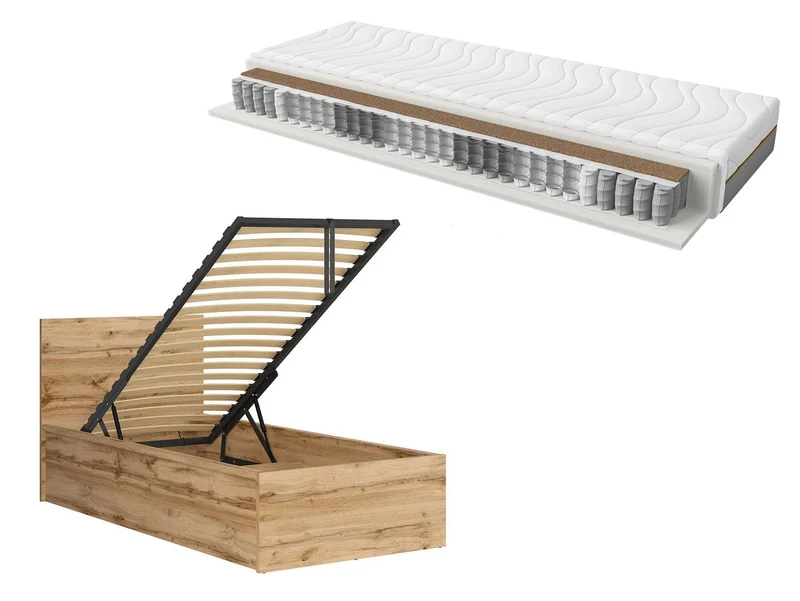Tetrix Single Bed Set 90×200 cm with Ceres AV Pocket Spring Mattress – Storage | Wotan Oak