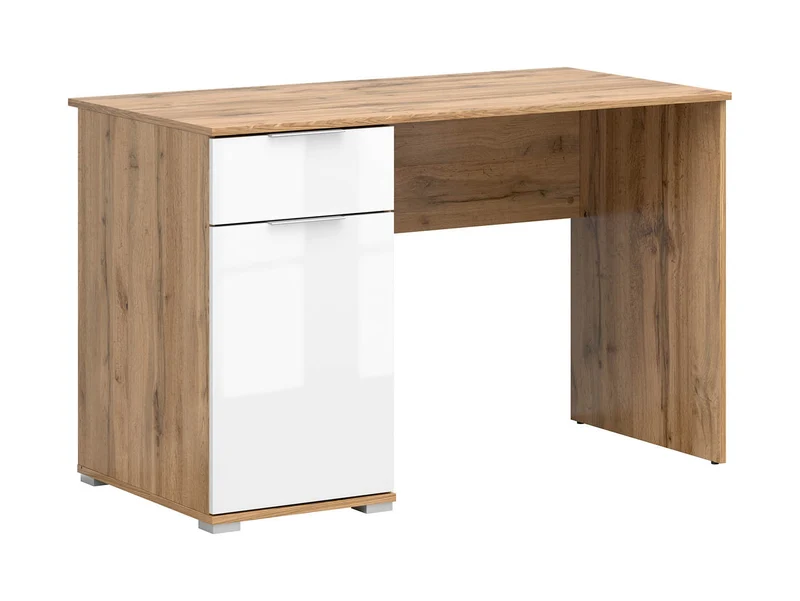 Zele Desk 120×60 cm – 1 Door Cabinet & Drawer, Integrated Handles | Wotan Oak & White Gloss