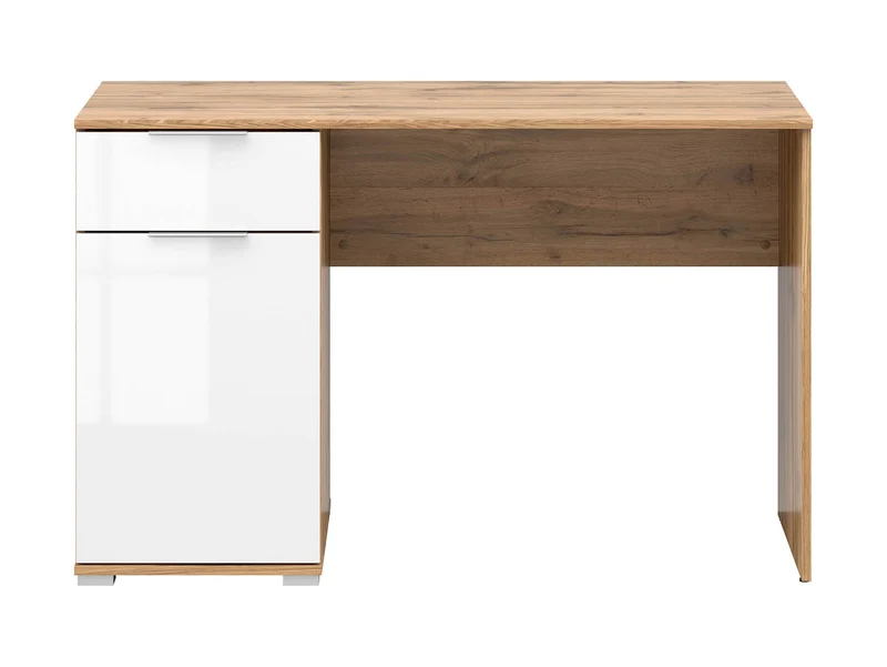 Zele Desk 120×60 cm – 1 Door Cabinet & Drawer, Integrated Handles | Wotan Oak & White Gloss