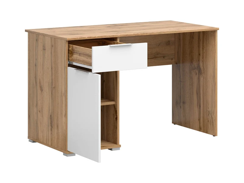 Zele Desk 120×60 cm – 1 Door Cabinet & Drawer, Integrated Handles | Wotan Oak & White Gloss