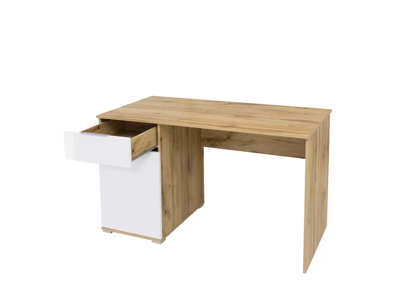 Zele Desk 120×60 cm – 1 Door Cabinet & Drawer, Integrated Handles | Wotan Oak & White Gloss