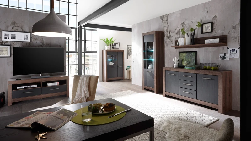 Balin Sideboard 160×85 cm – 2 Doors, 3 Drawers, Soft-Close | Monastery Oak & Black Oak