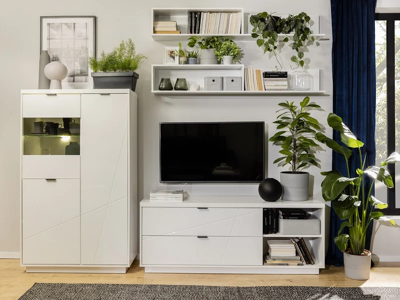 Forn — TV Cabinet | 156 × 61 cm | 2 Drawers & 2 Open Shelves | White Gloss