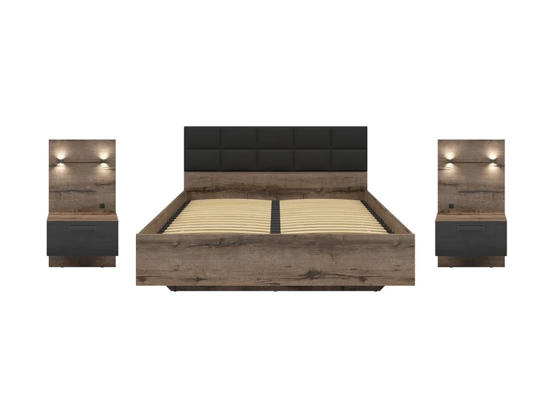Kassel — Bed Set 160 × 200 cm with 2 Bedside Cabinets | Monastery Oak & Black | USB Charging