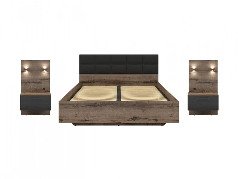 Kassel — Bed Set 160 × 200 cm with 2 Bedside Cabinets | Monastery Oak & Black | USB Charging