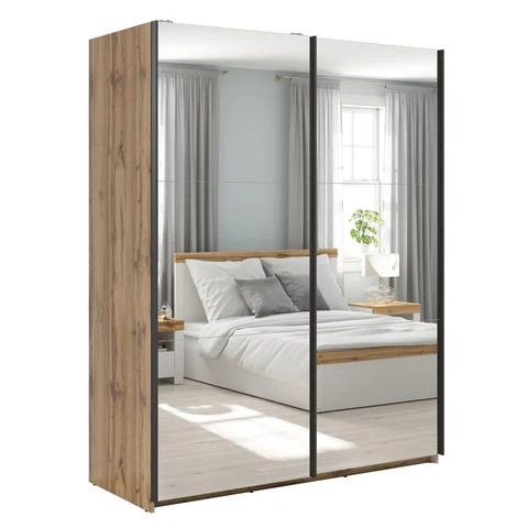 Tetrix — Sliding Wardrobe 153 cm | 2 Mirror Doors | Wotan Oak