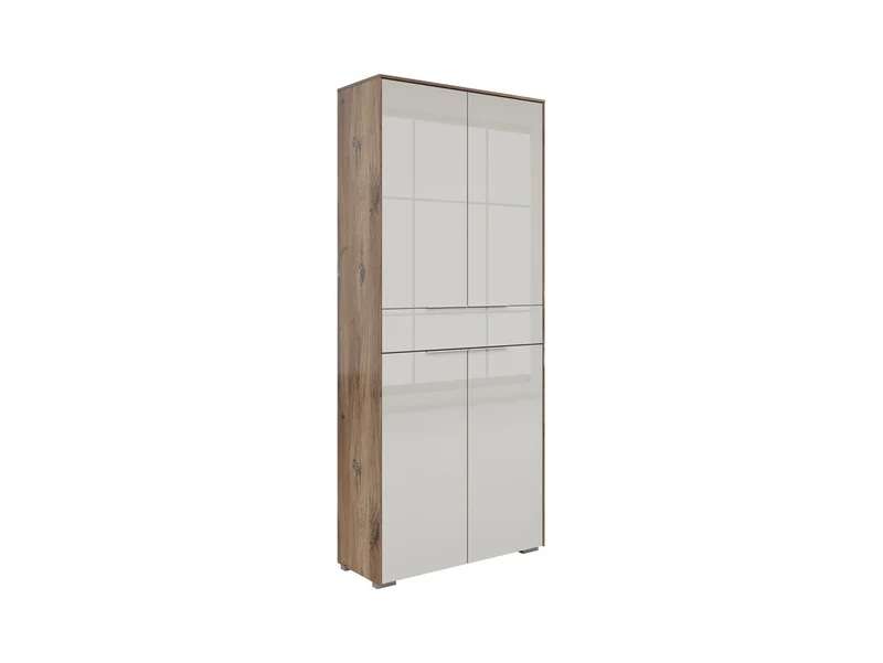 Nevada Tall Office Cabinet 81×199cm – Dark Flagstaff Oak & Silk Grey Glass | 4 Doors & Drawer