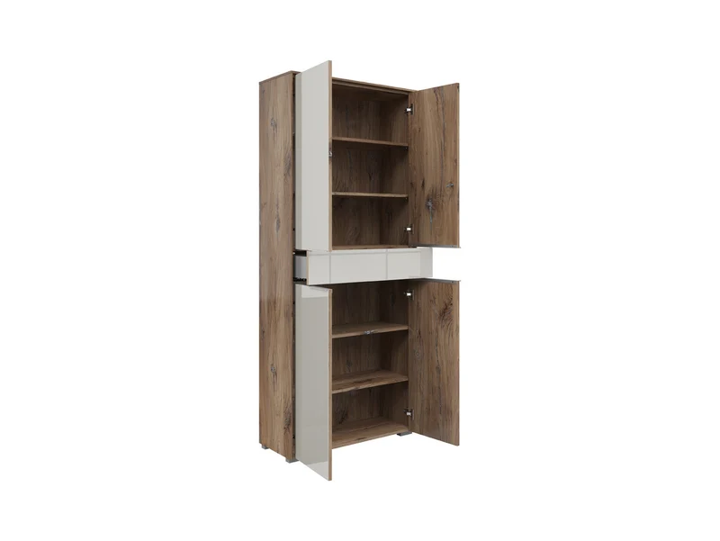 Nevada Tall Office Cabinet 81×199cm – Dark Flagstaff Oak & Silk Grey Glass | 4 Doors & Drawer