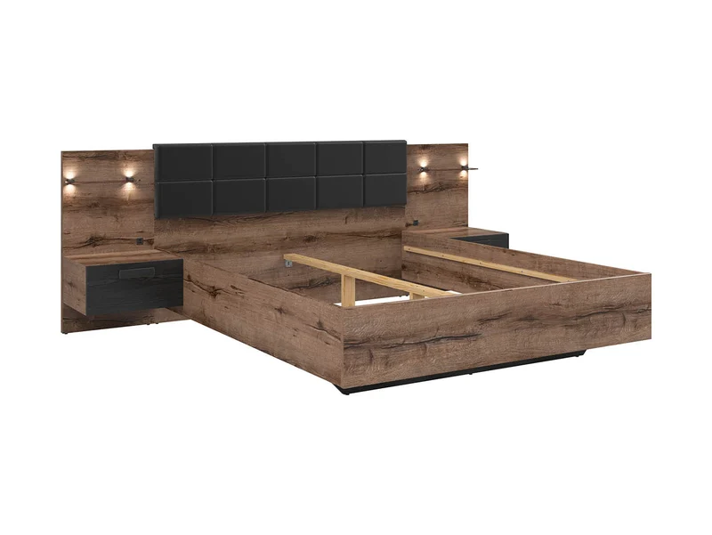 Kassel Double Bed 160×200 cm – Integrated Bedside Tables, LED Lighting & USB | Monastery Oak