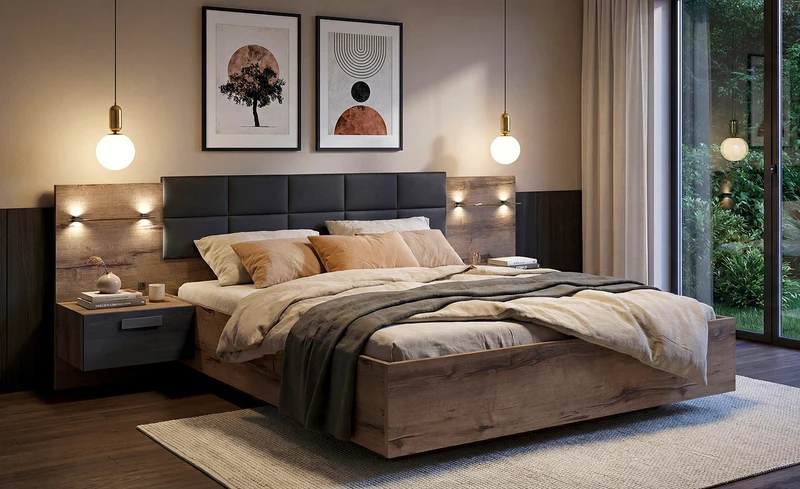 Kassel Double Bed 160×200 cm – Integrated Bedside Tables, LED Lighting & USB | Monastery Oak