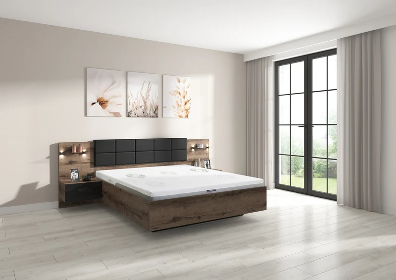 Kassel Double Bed 160×200 cm – Integrated Bedside Tables, LED Lighting & USB | Monastery Oak