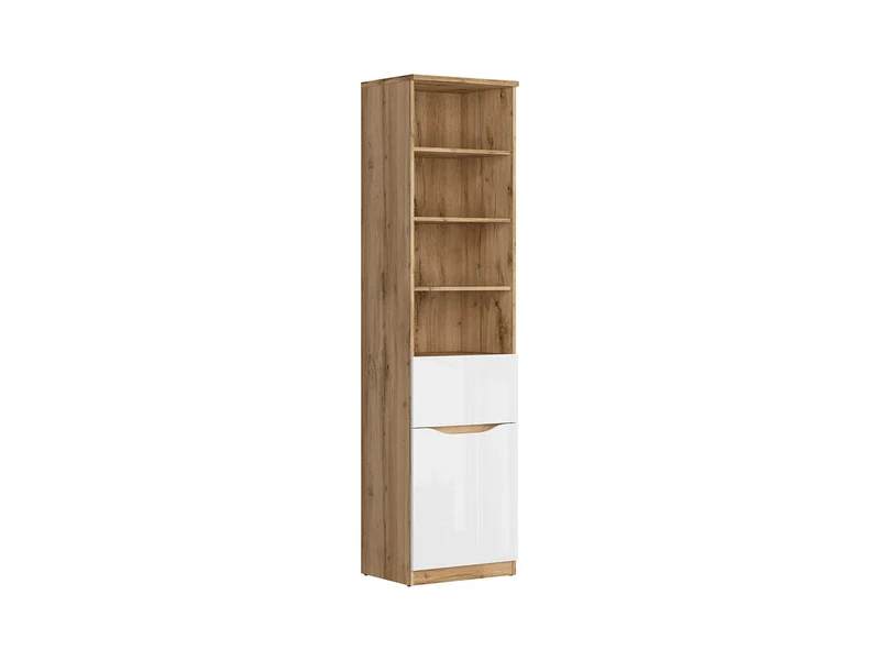 Nuis — Tall Bookcase with Drawer & Cupboard | 50 cm | Wotan Oak & White Gloss