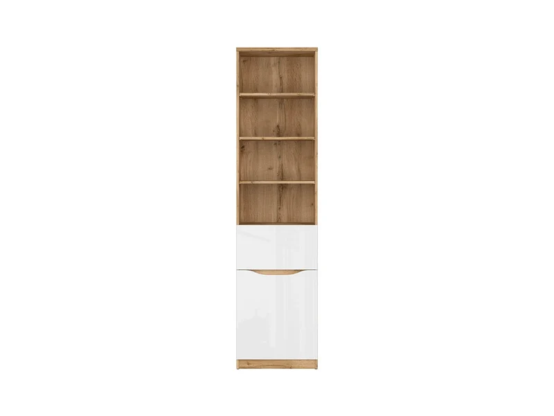 Nuis — Tall Bookcase with Drawer & Cupboard | 50 cm | Wotan Oak & White Gloss