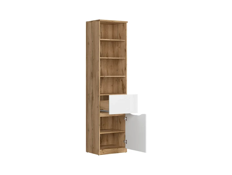 Nuis — Tall Bookcase with Drawer & Cupboard | 50 cm | Wotan Oak & White Gloss