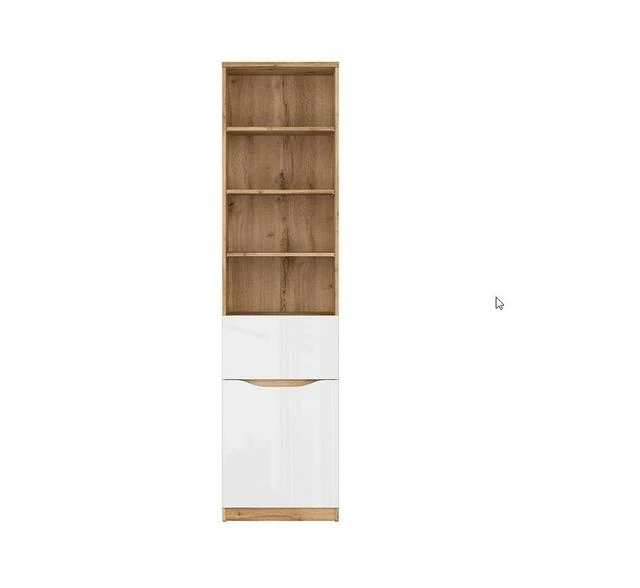 Nuis — Tall Bookcase with Drawer & Cupboard | 50 cm | Wotan Oak & White Gloss