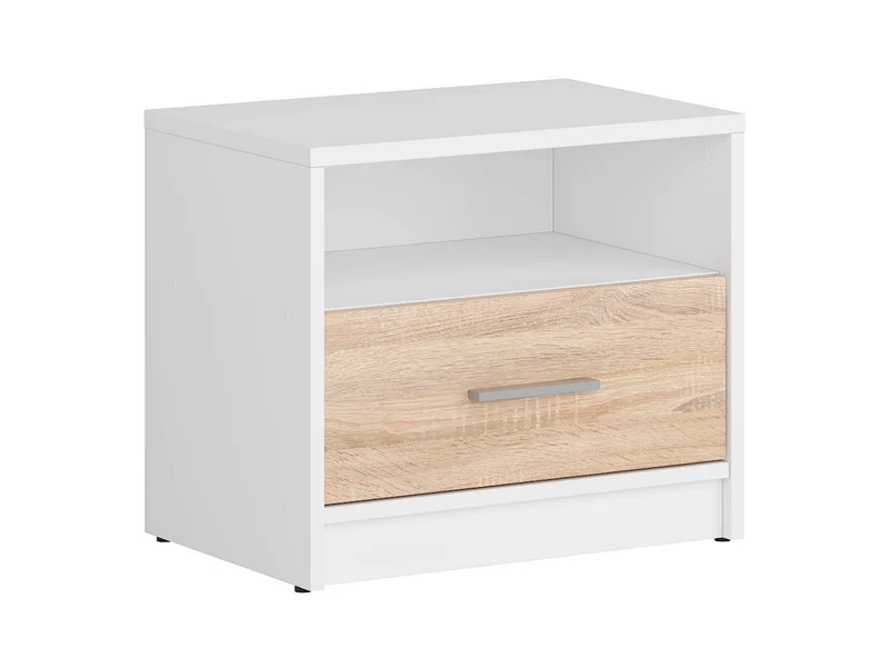 Nepo Plus Bedside Table with Drawer & Open Shelf – White / Sonoma Oak