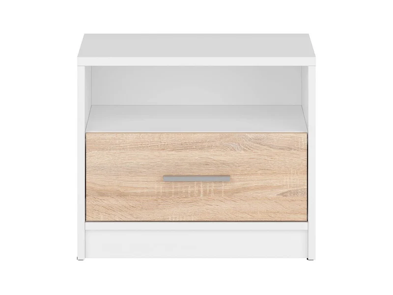 Nepo Plus Bedside Table with Drawer & Open Shelf – White / Sonoma Oak
