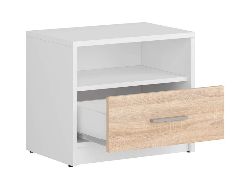 Nepo Plus Bedside Table with Drawer & Open Shelf – White / Sonoma Oak