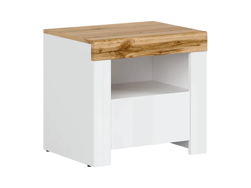 Holten Bedside Table with Drawer & Open Shelf – White Gloss / Wotan Oak