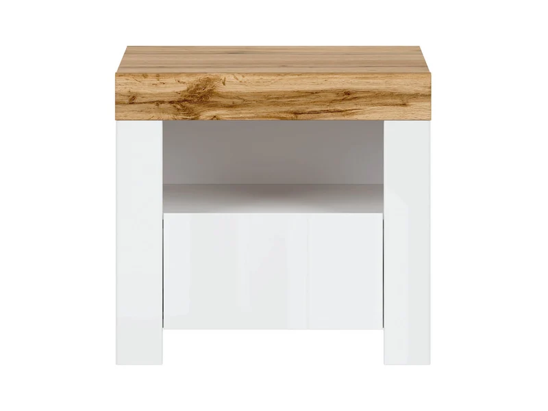 Holten Bedside Table with Drawer & Open Shelf – White Gloss / Wotan Oak