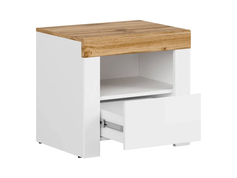Holten Bedside Table with Drawer & Open Shelf – White Gloss / Wotan Oak