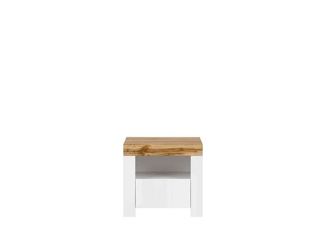Holten Bedside Table with Drawer & Open Shelf – White Gloss / Wotan Oak