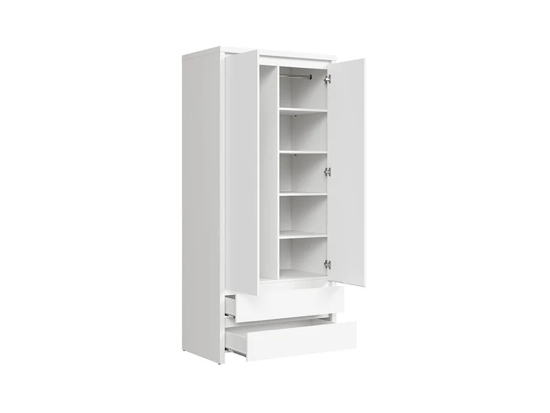 Kaspian 2-Door Wardrobe with Drawers 90×200 cm – White / White Matt