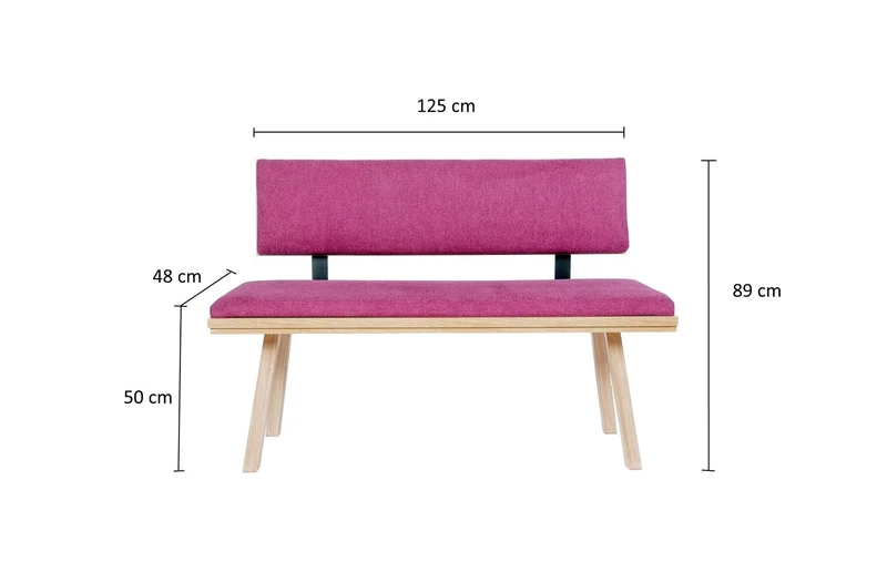Sitzbank 'Die Zeitlose', 125 cm mit Lehne, Stoff Bordeaux