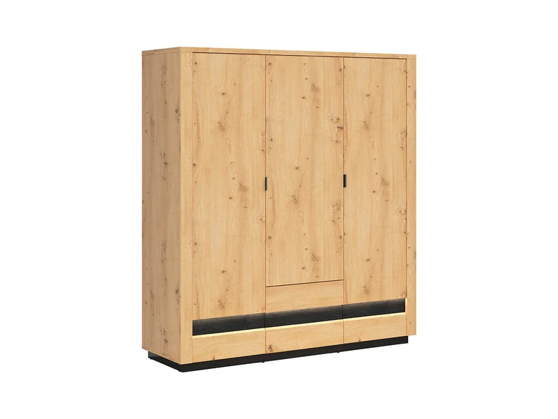 Ostia 3-Door Wardrobe 180.5×199 cm – 2 Drawers, Hanging Rail, LED Lighting, Soft-Close | Artisan Oak & Black