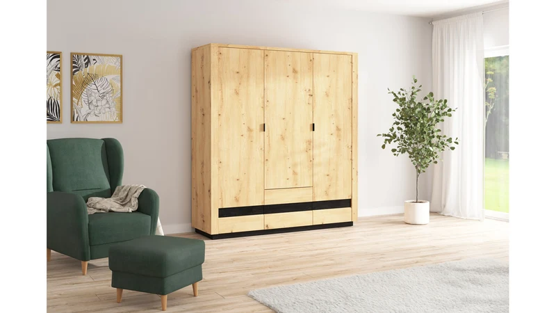 Ostia 3-Door Wardrobe 180.5×199 cm – 2 Drawers, Hanging Rail, LED Lighting, Soft-Close | Artisan Oak & Black