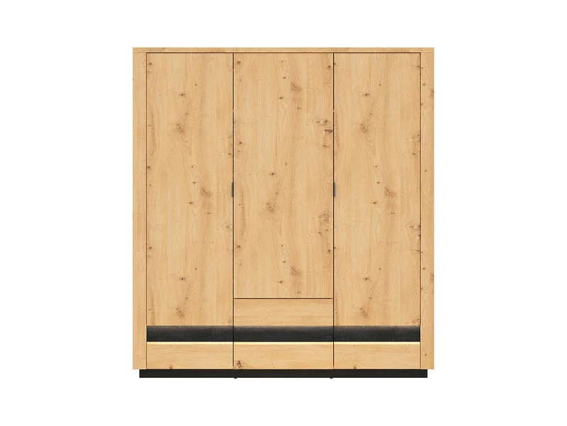 Ostia 3-Door Wardrobe 180.5×199 cm – 2 Drawers, Hanging Rail, LED Lighting, Soft-Close | Artisan Oak & Black