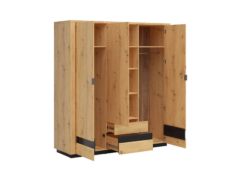 Ostia 3-Door Wardrobe 180.5×199 cm – 2 Drawers, Hanging Rail, LED Lighting, Soft-Close | Artisan Oak & Black