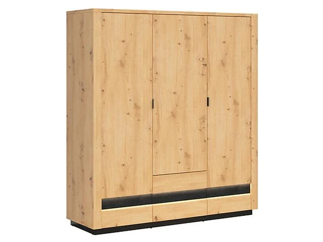 Ostia 3-Door Wardrobe 180.5×199 cm – 2 Drawers, Hanging Rail, LED Lighting, Soft-Close | Artisan Oak & Black