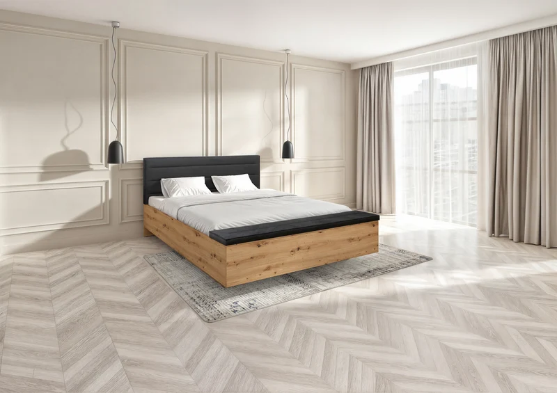 Ostia Storage Bed 140×200 – Artisan Oak & Black Upholstered Headboard (Frame Only)