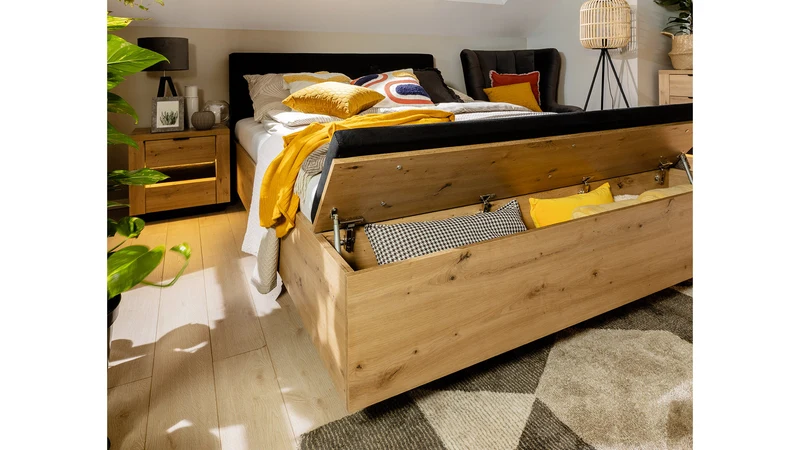 Ostia Storage Bed 140×200 – Artisan Oak & Black Upholstered Headboard (Frame Only)