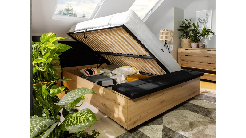 Ostia Storage Bed 140×200 – Artisan Oak & Black Upholstered Headboard (Frame Only)