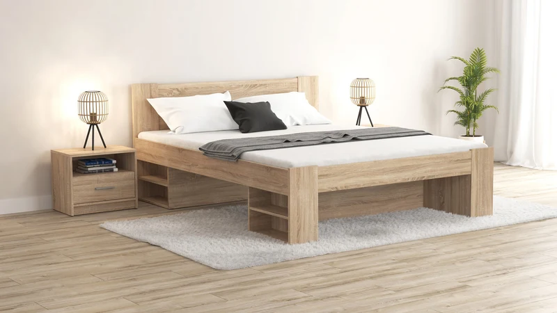 Nepo Plus — Double Bed 160 × 200 cm | Sonoma Oak | 4 Shelves & 3 Drawer Spaces | Slatted Base Not Included