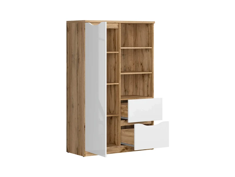 Nuis Bookcase 90×147.5 cm – 2 Shelves, 2 Drawers, 1 Door | Teen Bedroom | Wotan Oak & White Gloss