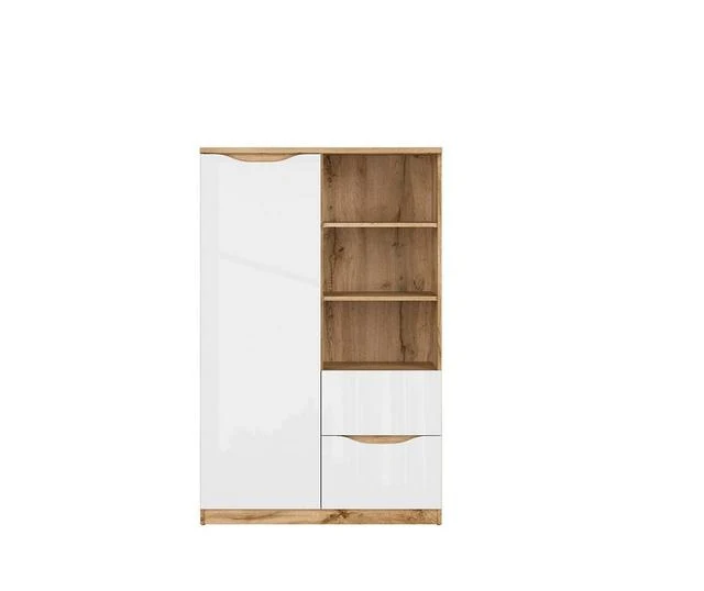 Nuis Bookcase 90×147.5 cm – 2 Shelves, 2 Drawers, 1 Door | Teen Bedroom | Wotan Oak & White Gloss
