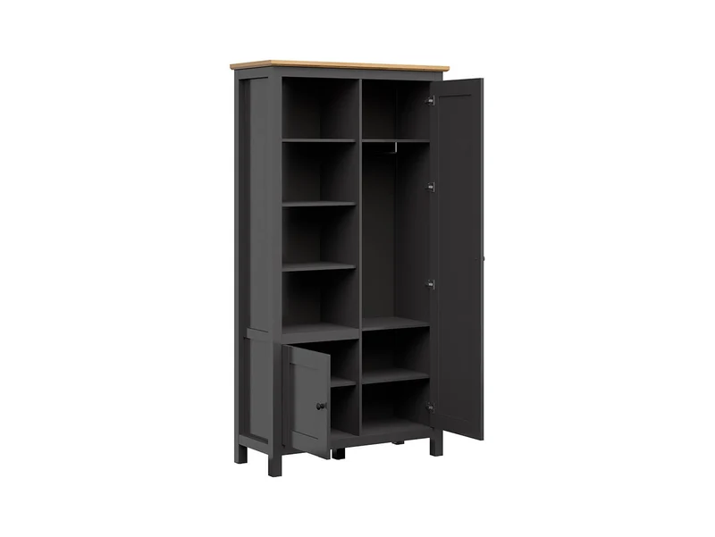 Hesen Open Wardrobe Bookcase 106×203 cm – Hanging Rail, 4 Open Shelves, 2-Door Storage, Soft-Close | Graphite & Artisan Oak