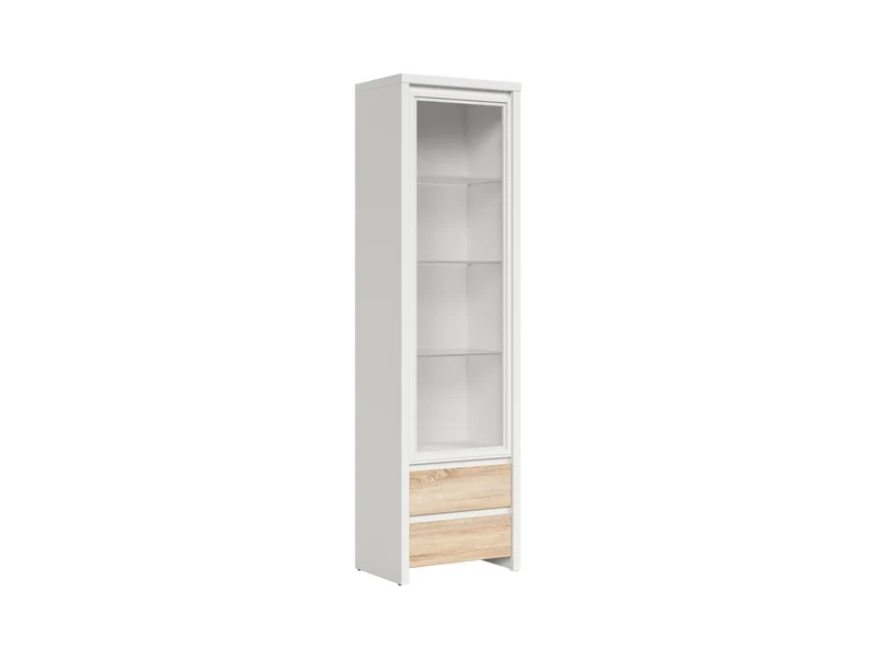 Kaspian Tall Display Cabinet 56 cm with Glazed Door & 2 Drawers – White / Sonoma Oak